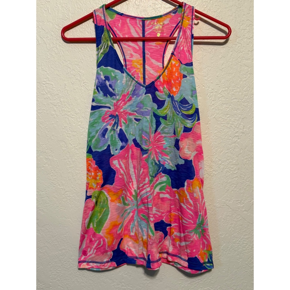 Lilly Pulitzer Luxletic Racerback Tank Top Floral Pineapple Print Pink Blue S